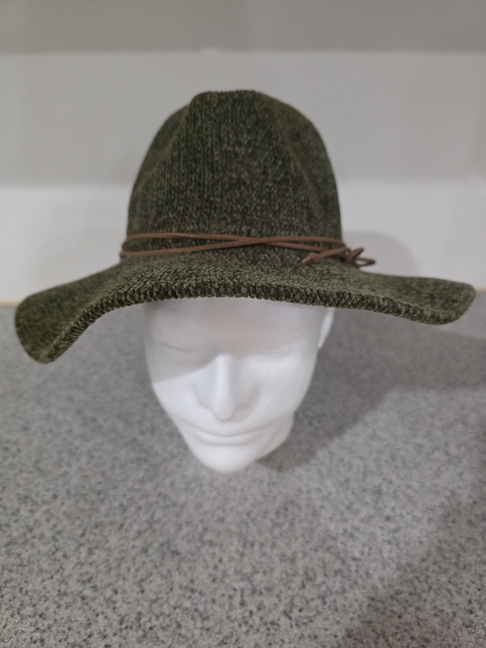 Hobby Lobby Olive Knit Wide Brim Hat with Brown Leather Tie